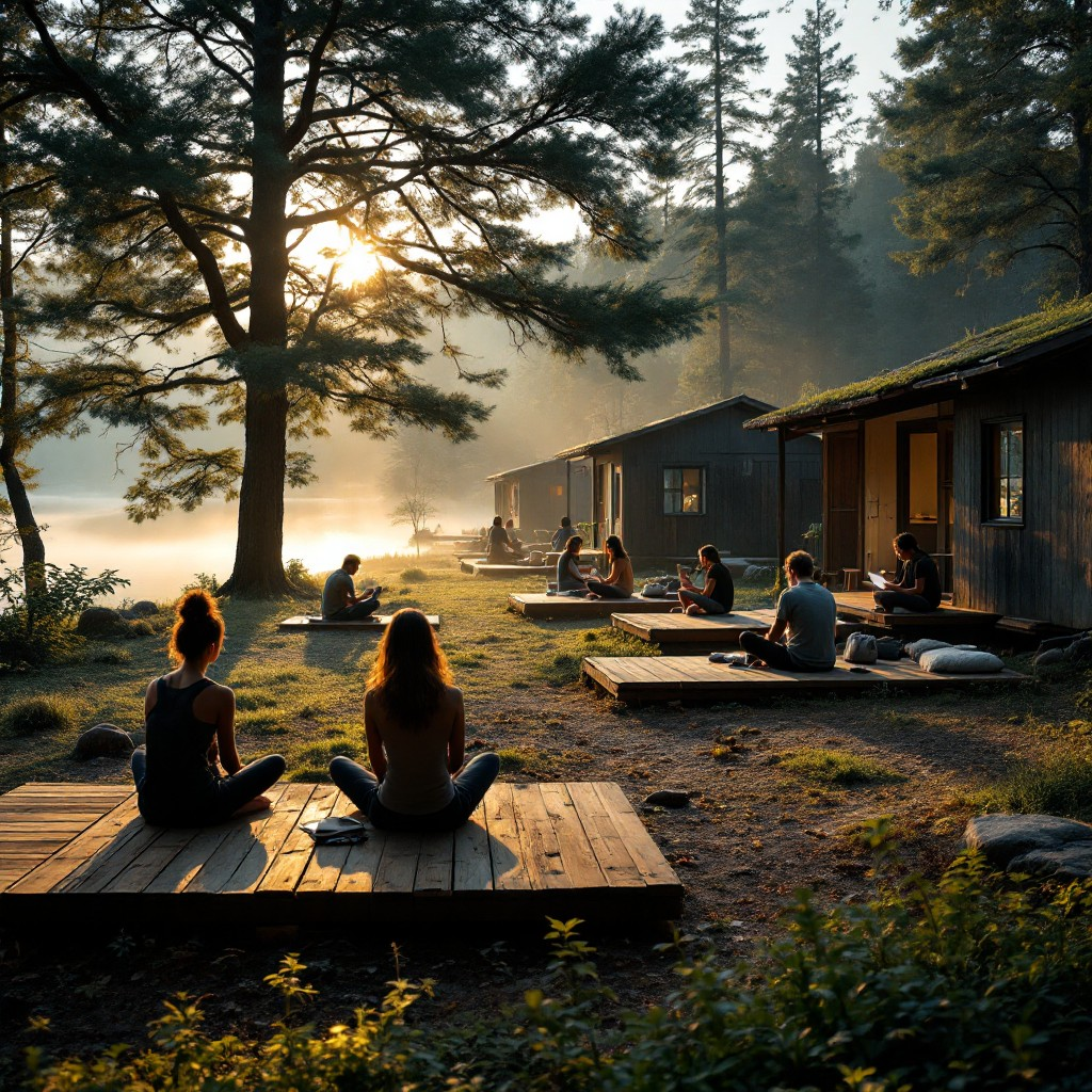 Retreat guests gathering on outdoor platforms at sunrise