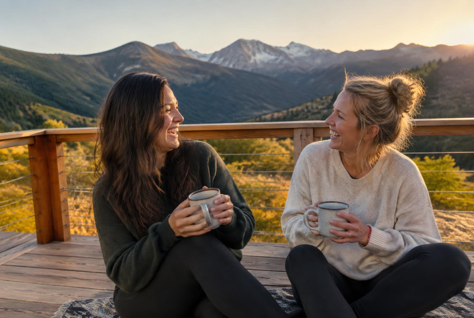 Two people sharing a conversation on a deck overlooking mountain peaks