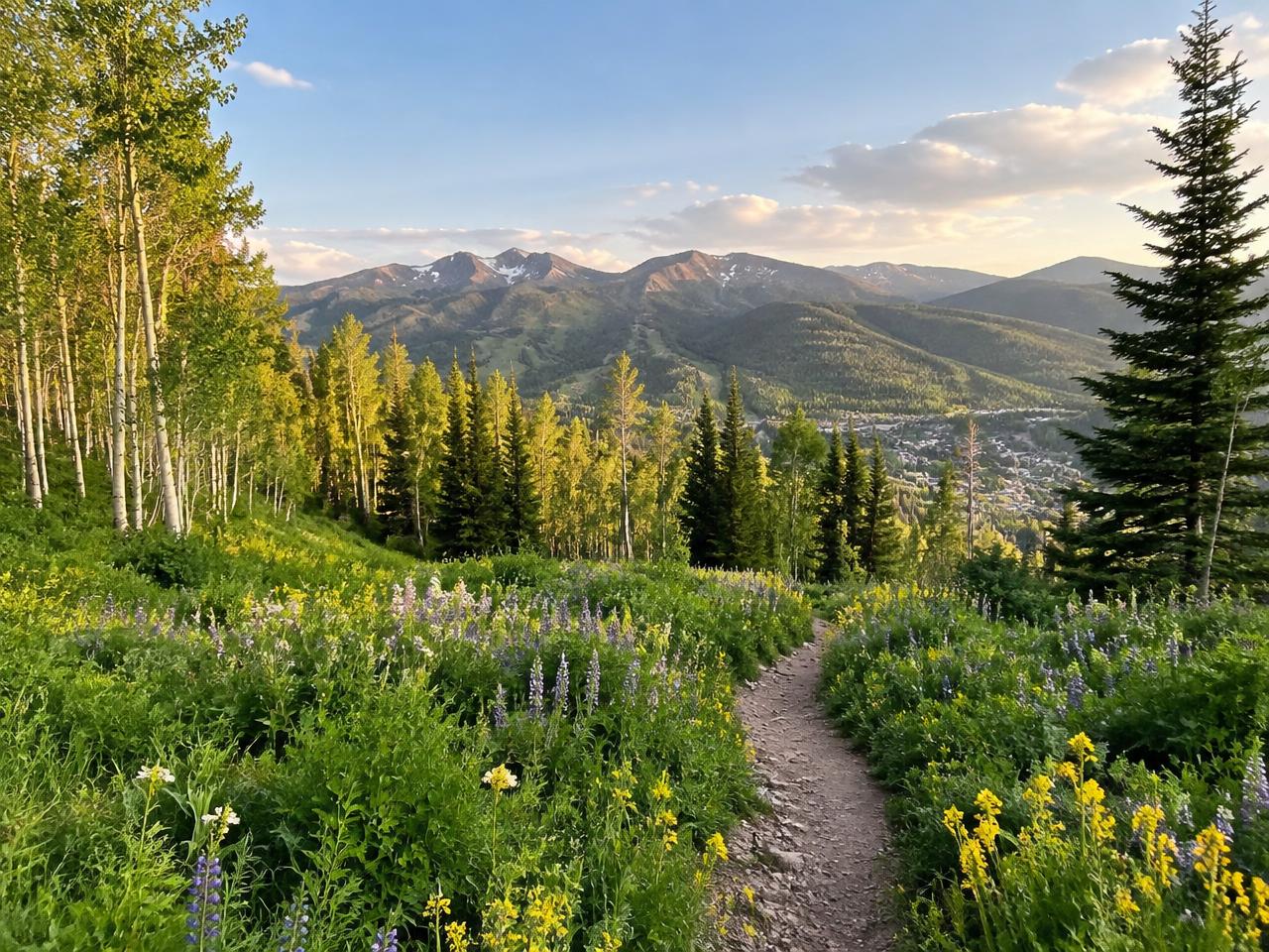A flower-lined Park City trail overlooking green mountain slopes