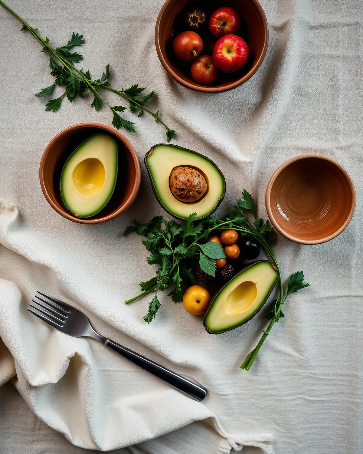 Whole-food breakfast in earthy ceramics