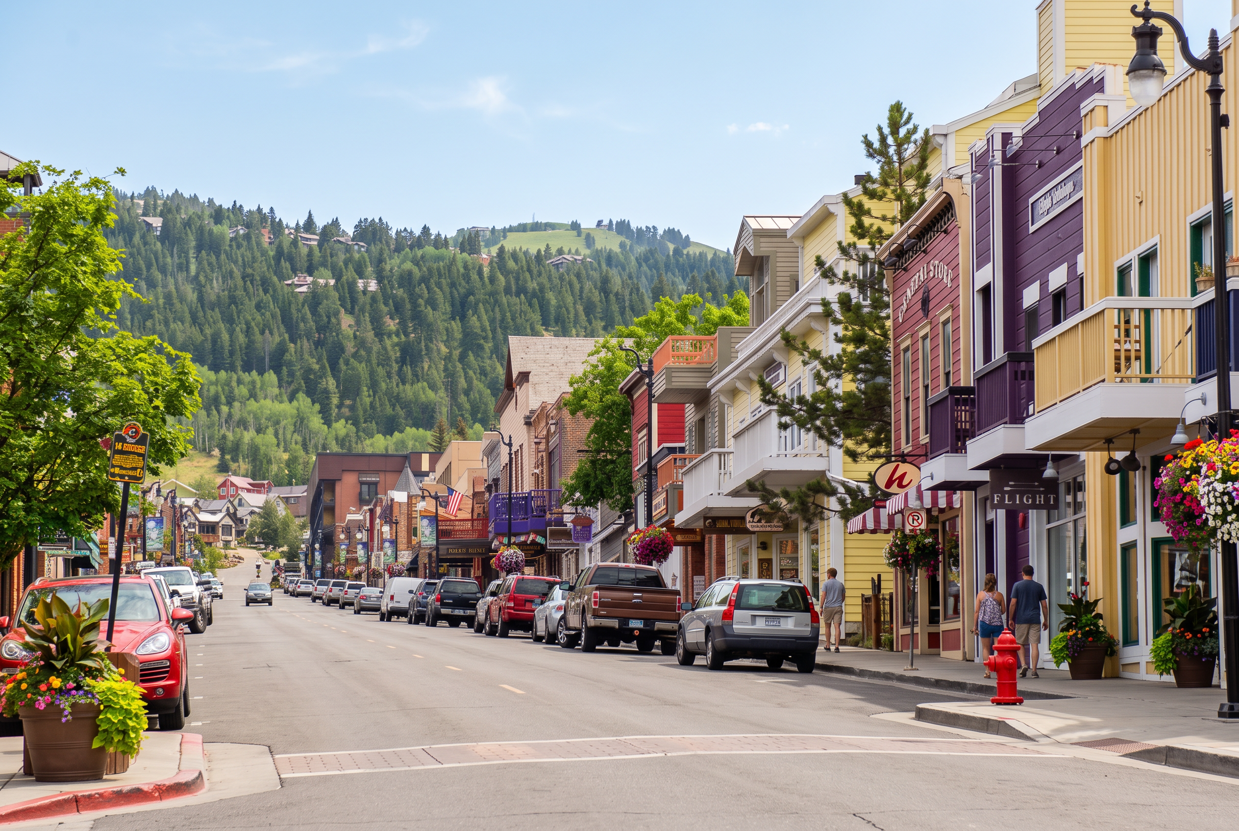 Historic Main Street in Park City with colorful buildings below the green mountain hillside