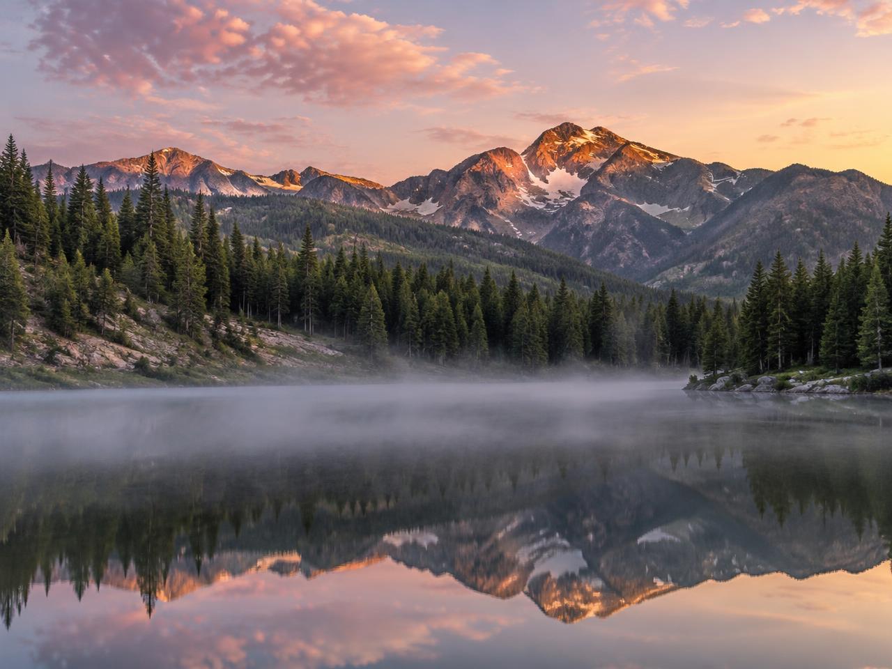 A peaceful alpine lake reflecting mountains and warm morning light