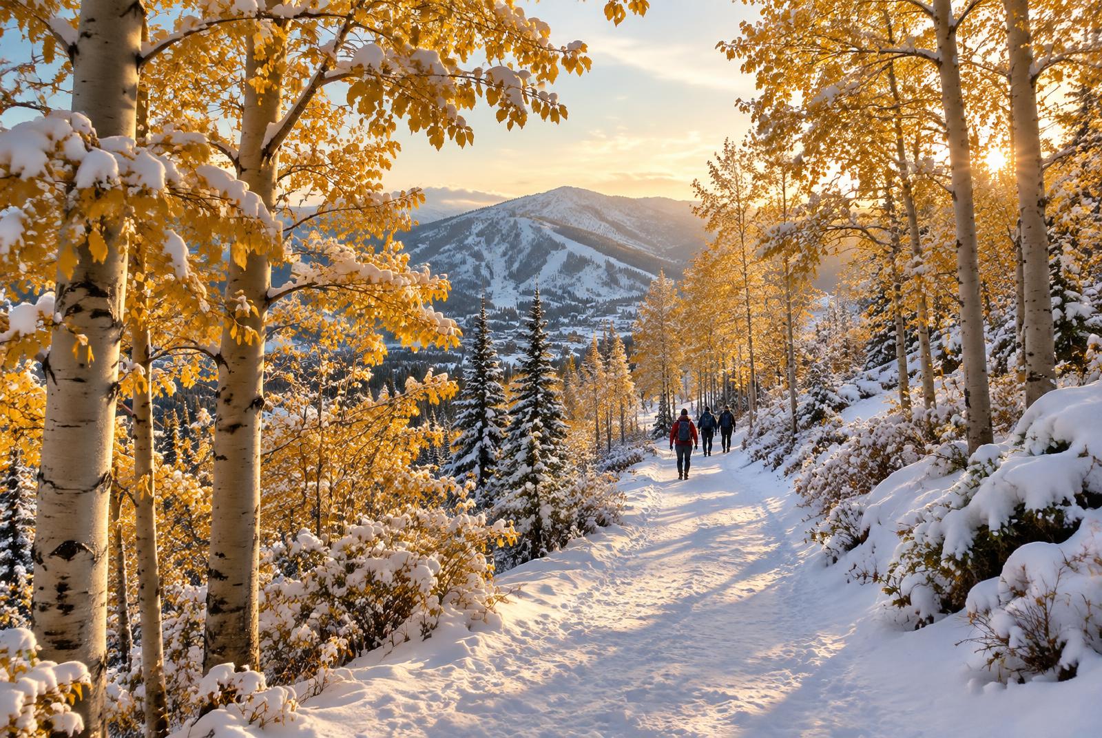 Friends on a snow-covered mountain trail between aspens and pine trees